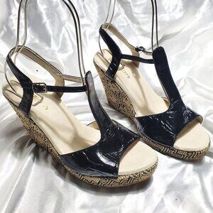 $$$ RESTRICTED black patent t-strap espadrille woven platform wedge heels SZ 9